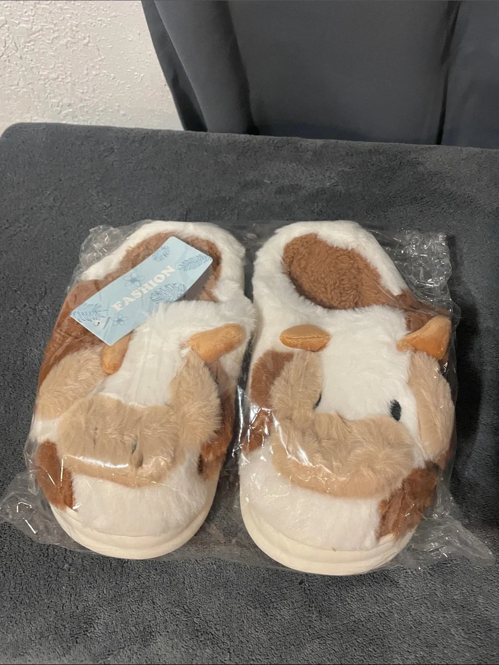Kids Plush Cow Animal Slippers - Brown & White